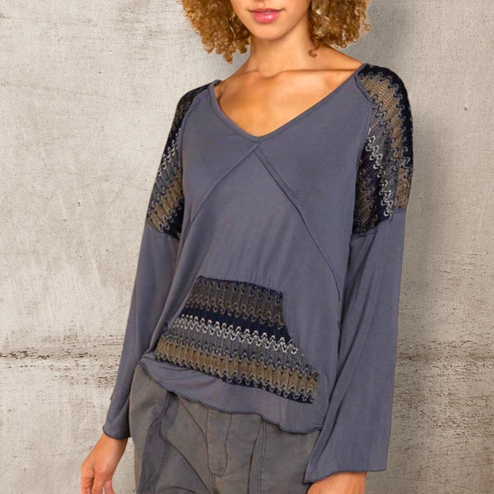 POL Size S V-NECK BELL SLEEVE TOP WITH KNIT KANGAROO POCKET AND SHOULDER DETAIL.